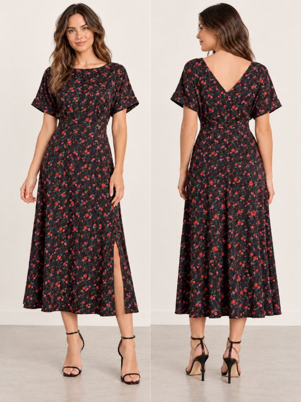 Alexia Admor Black Rose Print Midi Dress Size L Floral Short Sleeve